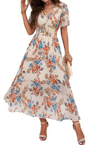 IFFEI Women Summer Maxi Dresses Short Sleeve Wrap V Neck Floral Print High Waist Long Flowy Dress M Apricot