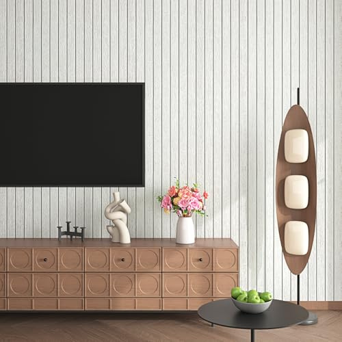 Livelynine Spesso Carta da Parati Adesiva Muro Effetto Legno Chiaro 30CMx5M Carta Adesiva per Pareti Lavabile Legno Listelli Bianco 3D Finto Pannelli Adesivi per Pareti Camera da Letto Soffitto Skandi