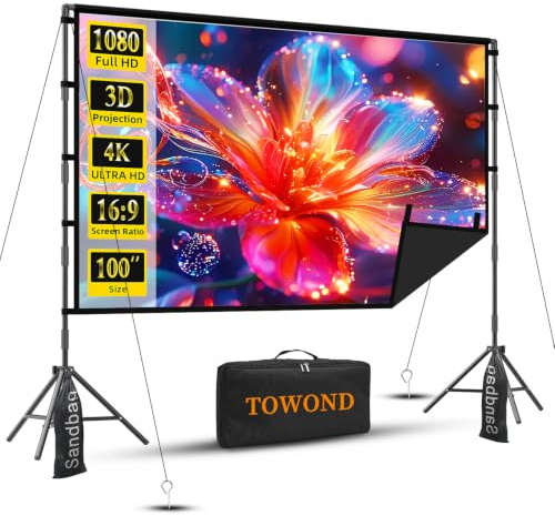Projector Screen with Stand, TOWOND 100 inch Portable Projector Screen Black Backing, Outdoor Movie Screen 16:9 4K HD Wrinkle-Free Projection Screen with Carry Bag for Backyard Sports Viewing Parties