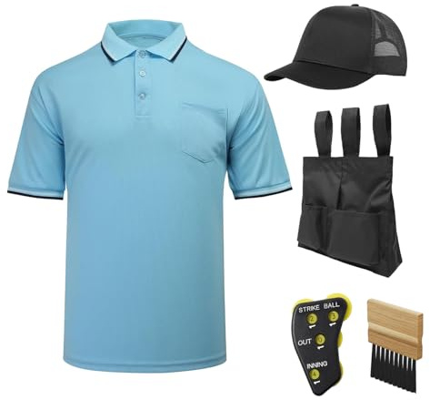 redgino 5Pcs Men’s Baseball/Softball Umpire Gear Shirt Ball Bags Clicker Hat Brush Referee Accessories Sets Jersey Kit Baby Blue XXL