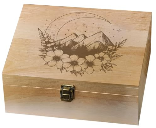 arricraft Caja de recuerdos de madera con diseño de luna, estrellas, flores, montañas, caja de nudo de metal con tapa con bisagras y cerradura, caja de almacenamiento decorativa para fotos, cartas,