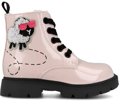 Garvalín Bota Oveja Niña Negra Charol con Suela Rosa y Forro de Peluche | Botín Infantil con Bordado y Agujetas – Modelo 251342-A054