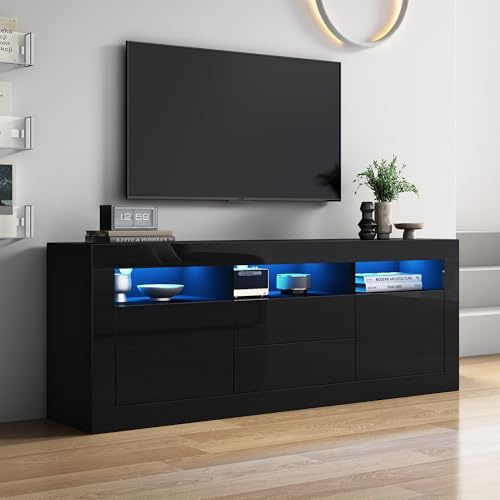 Merax Meuble TV brillant éclairage LED, contrôle par application, 3 compartiments ouverts, 2 portes, 2 tiroirs, buffet bas, 70 téléviseur, noir, 160 x 35 x 60 cm