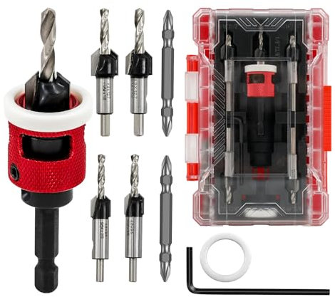 FOCSTOL Set di Svasatore per Legno - 5 pezzi Punta da Trapano Svasatore a 82 Gradi con Codolo Esagonale 6,35mm a Cambio Rapido per Legno, Plastica (3,2/3,6/4/4,4/4,8mm)