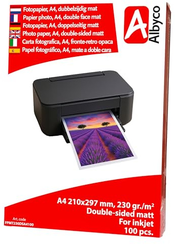 Carta Fotografica Albyco Ghetto d'Inchiostro A4 Opaco 230 gr/m², Stampa fronte-retro. Confezione da 100 fogli.