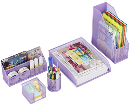 Solinxe Set d'organisation de Bureau en métal - Bac à Documents A4 Bac à courrier Porte-Crayons Porte-Lettres et Porte-Notes adhésives, Violet