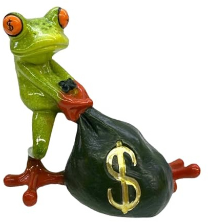 Statua di rana dei soldi, rana con borsa, statuetta creativa in resina, 11,8 x 6,5 x 10,5 cm, decorazione compatta per casa, giardino, cortile e posto di lavoro