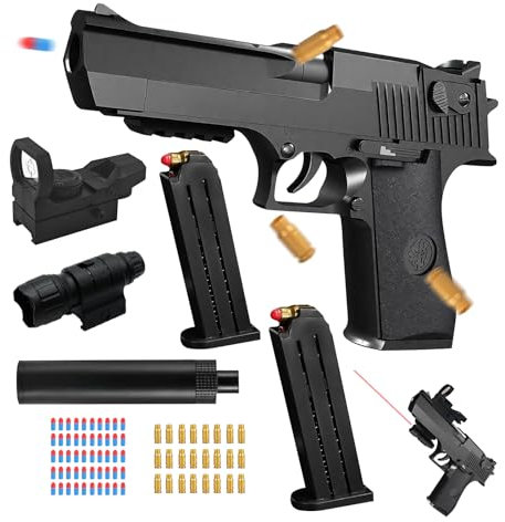 Pistolet Jouet Enfant, Pistolet Jouet avec Balles Souples, Armes en Jouet, EVA Mousse Jouet Blaster avec 50 Soft Bullet,24 Jeu de Coque,2 Chargeurs/Silencieux/Viseur Infrarouge,Desert Eagle (Noir)