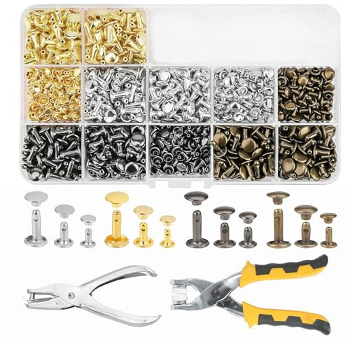480 Sets Hohlnieten 12 mm|8 mm|6 mm Nieten set 4 Farben Schraubnieten Nietenzange Set Kleidung Nieten für Leder,mit Stanz-und Montagewerkzeugen,Geeignet für DIY-Leder,Kleidung und Kunsthandwerk