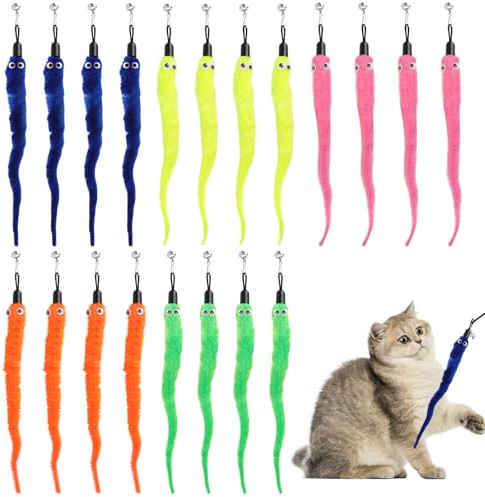 TMZELOA Jouet Chat Canne 20 Pièces – Jouet Ver Magique Coloré avec Clochette – Recharge Canne à Pêche pour Chat Interactif Jouet Peluche Chaton Sécurisé pour Entraînement et Anti-Stress