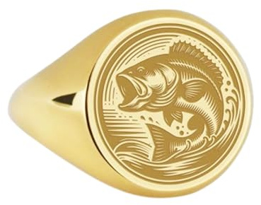 LKBEADS sötvattenfisk i 925 sterlingsilver | Guldpläterad ring | Sigillring i rund form, 14 x 14 mm | Bandstorlek US 5–12,5 avelaibal | LKDR_0103