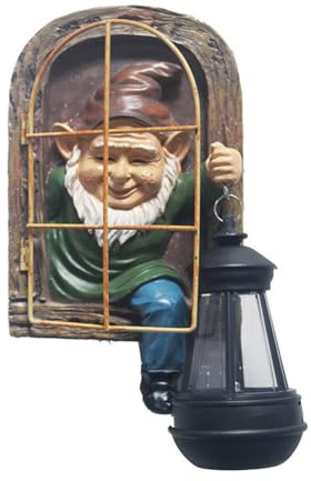 FUBESK Solarbetriebene Zwergstatue für den Außenbereich, mit Fenster, Flip-Design, Kunstharz, Wetterdekoration für Haus und Hof