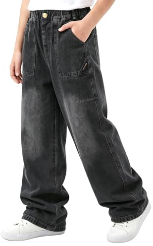 Tokeya Jeans Baggy Garçon Enfant Pantalon en Denim avec Poches 7-15 Ans | Taille Élastique, Jambes Larges, Loose Fit, Coupe Droite, Ado Décontracté Jeans Pantalons, Mode Casual Streetwear Outdoor