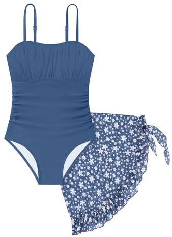 Huihong Bañadores De Natación Niña Vientre 7-16 Years Traje De Baño para Natacion Niña Playa Deportivo Piscina Volantes Floral Adolescente Chica Tankini Bikini (Navy, 13-14 Years)