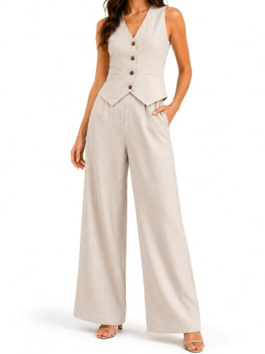 2Piece Waistcoat and Trousers for Women UK, 2026 New Sleeveless Button Vest Wide Leg Pants Suit, Summer Business Suits Work Outfit