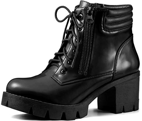 Allegra K Women's Round Toe Chunky Heel Lace Up Zipper Black Combat Boots 8 M US