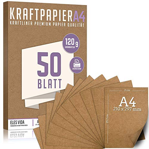 50 Blatt Kraftpapier A4 Set - 120 g - 21 x 29,7 cm - DIN Format - Bastelpapier & Naturkarton Pappe Blätter aus Kraftkarton zum Drucken, Kartonpapier Basteln für Vintage Hochzeit Geschenke Etiketten