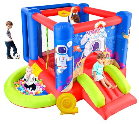 WELLFUNTIME Inflatable Bounce House with Slide, Bouncy Castle & Jumping Castle with Blower for Kids Play House with Wave Pool