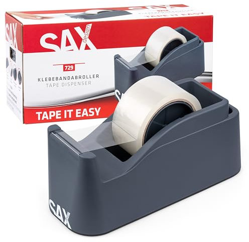 SAX Tape it Easy XXL Einhand Klebeband Abroller extra Schwer | für 1x 50mm Band oder 2x 25mm Band, Paketbandabroller mit Stiftehalter Funktion, rutschfest, inkl. doppelseitige Klinge, Anthrazit