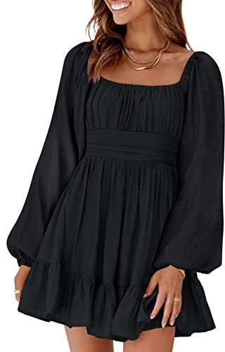 Dokotoo Womens Dresses Square Neck Tie Back Black Dress Puff Long Sleeve Clothes Ruffle A-Line Mini Dress Casual Fall Dresses for Wedding Guest Beach Vacation Clothes Medium