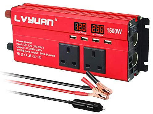 LVYUAN Power Inverter 12V to 240V AC Car Converter 600W /1500W Peak 4 USB 2 AC Sockets Dual Car cigarette lighter socket With 2 LED