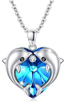 Delfin Kette 925 Sterling Silber Delfine Herz Kette Delfine Anhänger mit Kristall Herz Halskette Delphin Schmuck für Damen Mama Mutter Muttertagsgeschenk Frauen Mädchen Ehefrau Freundin Tochter
