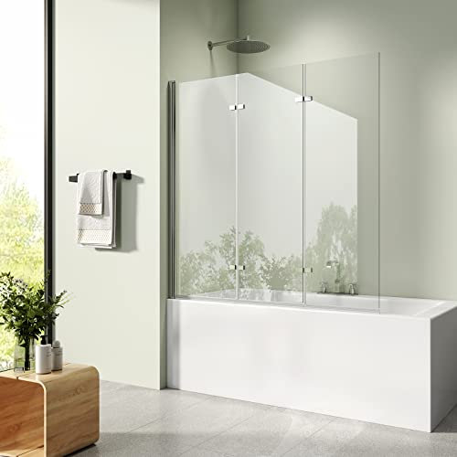 S'AFIELINA Pare-baignoire 130x140 cm, 3 Parties Pliable Cloison Baignoire avec 6mm ESG Verre Clair Sécurisé Paroi de douche avec NANO Revêtement Facile à Nettoyer