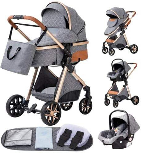 YAZOCO carrito bebe 3 en 1 Cochecito de Bebé Combinado Compacto Todoterreno Lujoso Paisaje Alto Cuatro Veces 0-36 Kg Sillas de paseo BastóN Plegable Accesorios CóModos (4 Gris)