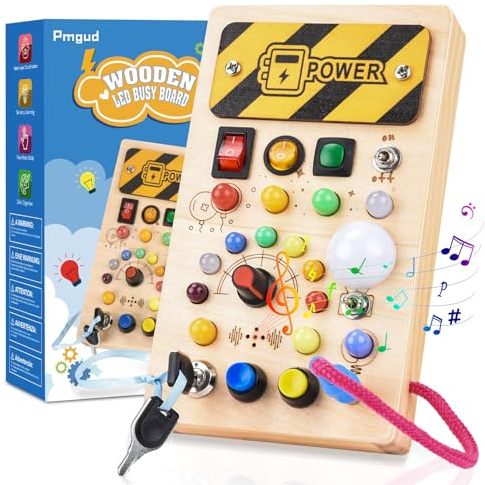 Busy Board Montessori Activity Board a Partire da 1 Anno Giocattolo Montessori in Legno con 8 interruttori, 15 luci a LED, 6 musiche per Neonati e Bambini Piccoli Educazione sensoriale