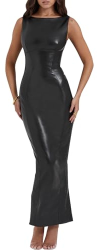 Zebaexf Maxi abito aderente da donna in finta pelle PU – sexy scollo a barchetta stile canotta – lungo abito da sera aderente, Collo a barca-nero, L