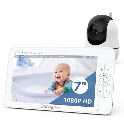 Babystar Baby Monitor with Camera and Night Vision,1080p 7 HD Video Baby Monitor No WiFi,Up to 22 Hrs Battery Life,Remote Pan/Tilt/Zoom,2-Way Talk, Temperature, 8 Lullabies,1000ft Range