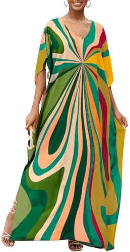 Bsubseach Kvinnor Casual Strand Kaftan Klänning Kortärmad Loungewear Kaftan Baddräkt Täcker, Grön geometri, one size