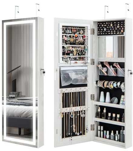 COSTWAY 3-Color LED Lights Jewellery Cabinet, Door Hanging/Wall Mounted Jewelry Armoire with Full Length Mirror and Large Storage, Bedroom Lockable Cosmetics Jewellery Organiser Unit Gift (White)