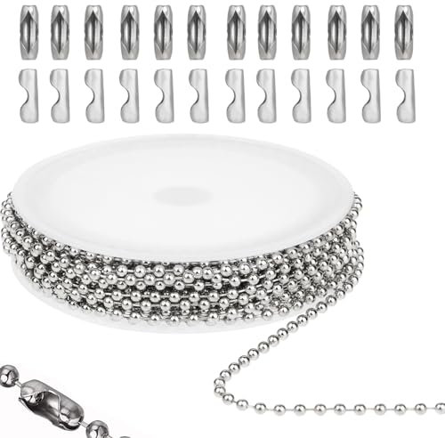 Bewudy 5M Edelstahl Kugelkette, Silber Perlen Rollenkette Mit 20 Passenden Anschlüssen Kugelkette, 2mm Durchmesser Kugelketten Verlängerungskette Für DIY-Schmuck Halsketten Armbänder Schlüsselanhänger