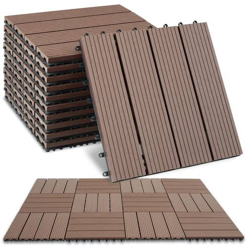 tectake® WPC Holzfliesen, Holzoptik Fliesen wetterfest, Bodenbelag für Wintergarten, Bodenfliesen, Balkonboden, Boden Trittsteine Garten, Terrassenfliesen mit Klicksystem, Drainage - 11er Set/braun