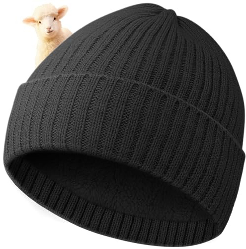 Migliore Wear ullmössa barn, varm beanie mössa barn med fleecefoder barn vintermössa, mjuk och tjock stickad mössa för flickor och pojkar, svart, one size