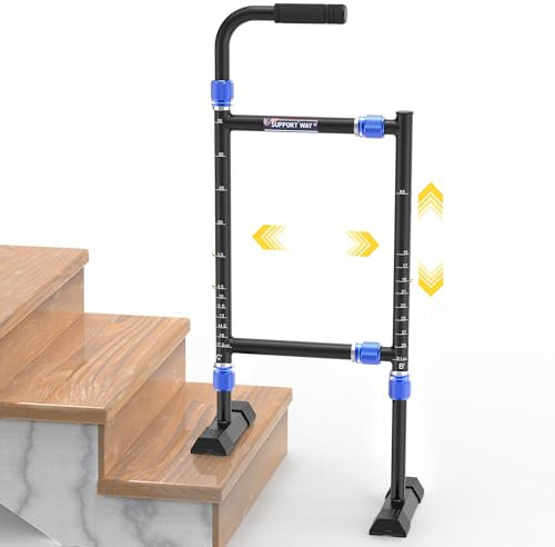 Canne d'aide à l'escalier réglable en hauteur et en largeur pour personnes âgées, personnalisable pour s'adapter à la plupart des marches d'intérieur/extérieur, large base antidérapante, canne