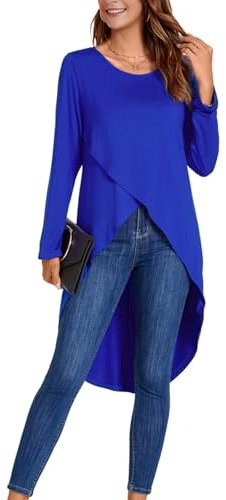 YOUNIFIZ Hauts asymétriques hauts asymétriques pour femmes col rond fendu sur le devant robe chemise à manches longues ourlet irrégulier chemisier tops 2024, bleu, M