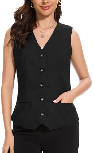 YOUNIFIZ Womens Linen Vest Waistcoat Lightweight V Neck 2025 Work Button Sleeveless Jacket Cotton Summer Vest Tops Black