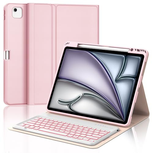 WAVATA Tangentbordsfodral för iPad Air 13 tum, 2025/2024, Spansk nkey för iPad Pro 12,9 tum 6/5/4/3 generation, avtagbart Bluetooth-tangentbord med bakgrundsbelysning för Air 13 tum 2024- rosa