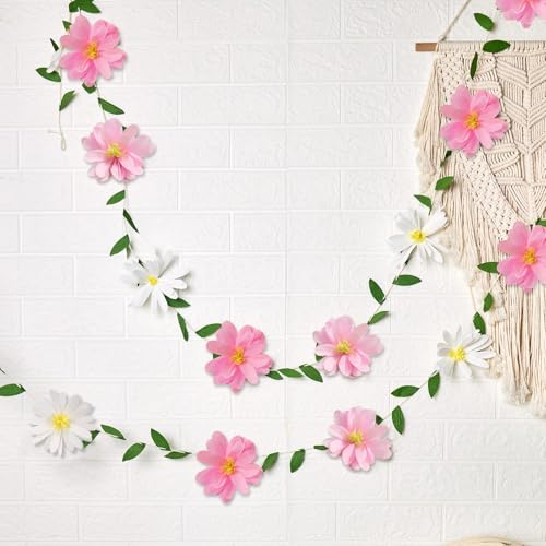 Easy Joy 2Pcs Pink Paper Flower Garland 8.2ft Summer Garden Floral Decorations White Pink Paper Flower Green Leaves Crepe Artificial Flower Floral Garland for Girl Birthday Baby Shower Wedding