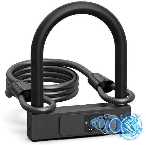 Dhiedas Bike U Lock with Fingerprint, Heavy Duty Anti Theft Smart Bike Cable U Lock with Key, 18.4mm Shackle with 5ft Cable Electric Waterproof Bicycle Lock for Road, Mountain, Electric & Folding Bike