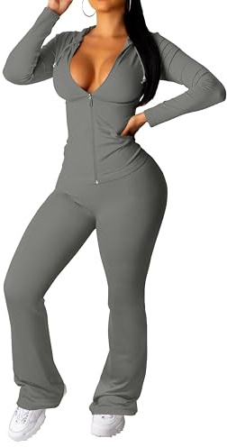PINSV Women's 7 Piece Tracksuit Zip Up Hoodie Flare Pants Grey L
