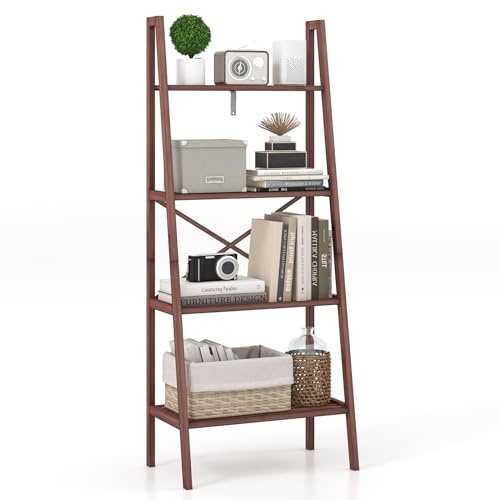 COSTWAY 4-Tier Ladder Bookshelf, Bamboo Storage Shelving Unit Bookcase Stand with Anti-Tipping Kits, Freestanding Wooden Display Rack Shelf for Living Room Office (Walnut)