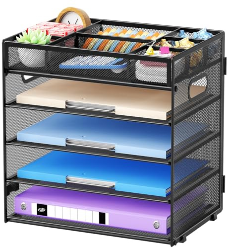 Marbrasse Mesh Desk Organiser Tray,5 Tire Paper Letter Tray with Adjustable Compartments and Handle,Desktop Storage Desk Organizer Tray for Mail Documents Home Office Supplies Accessories(Black)