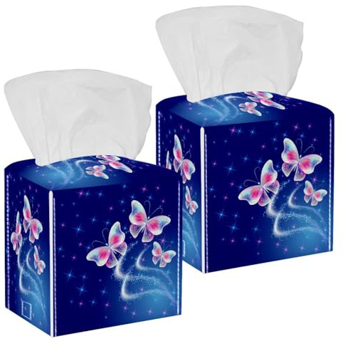 Lot de 2 boîtes à mouchoirs carrées, motifs papillons volants fantaisie, feu d'artifice, boîte à mouchoirs en cuir, distributeur de papier pour coiffeuse, réservoir de toilette, commode, table de nuit