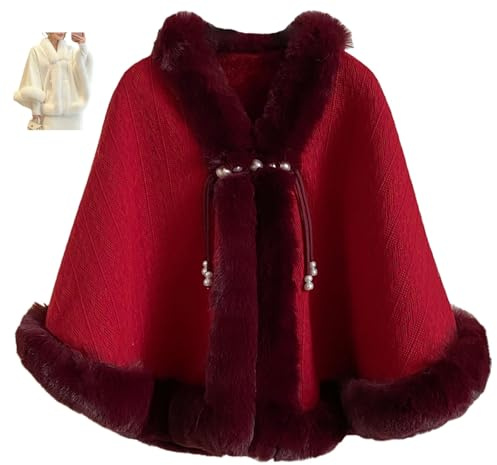 MAOAEAD Elegante scialle in pelliccia sintetica da donna, lavorato a maglia, invernale, poncho, avvolgente, foderato in caldo pile con chiusura a perla, per feste casual e matrimoni, Rosso vinaccia, L