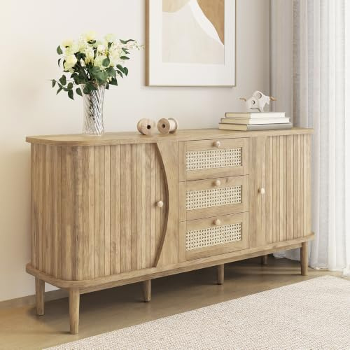 Merax Buffet 140,5 x 40 x 76 cm, en rotin, avec portes coulissantes, étagères réglables, plateau arrondi, espace de rangement élégant pour salon, salle à manger et couloir, couleur bois