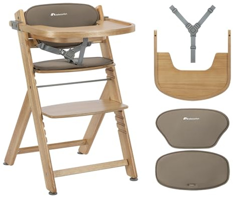 Bebeconfort Timba 2 con Cuscino, Seggiolone Pappa Evolutivo in Legno, 6+ Mesi, Fino a 110 kg, Sedia Evolutiva Ergonomica, Regolabile in Altezza, Vassoio Amovibile, Natural Wood + Cuscino