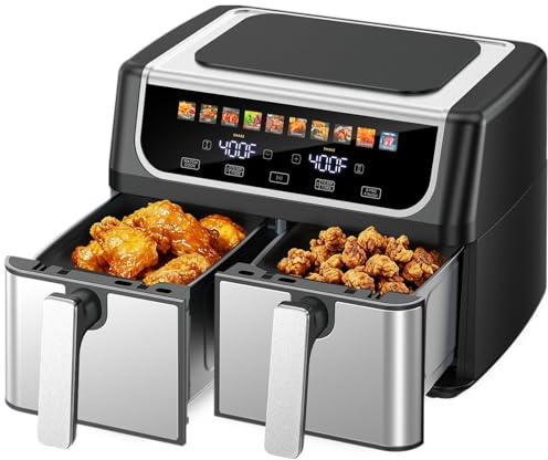 OLIXIS Dual Basket Air Fryer, 9.5 Quart Large Air Fryer with Double Basket, Independent TEMP Control, Sync Setting, Shake Reminder, 10 Presets for Bake, Broil, Defrost, Dehydrate, Black
